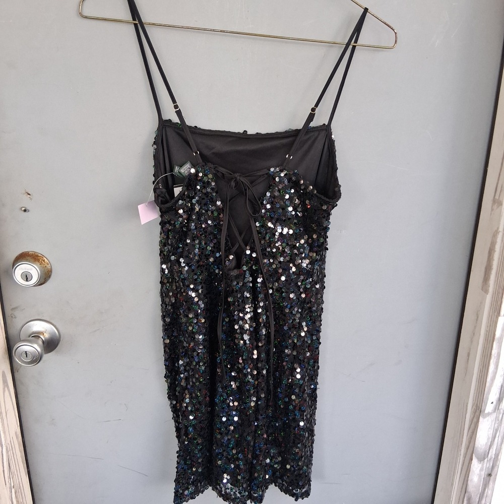 NWT Wild Fable Black Iridescent Sequin Mini Dress Lace Up Back LBD M NEW Gatsby